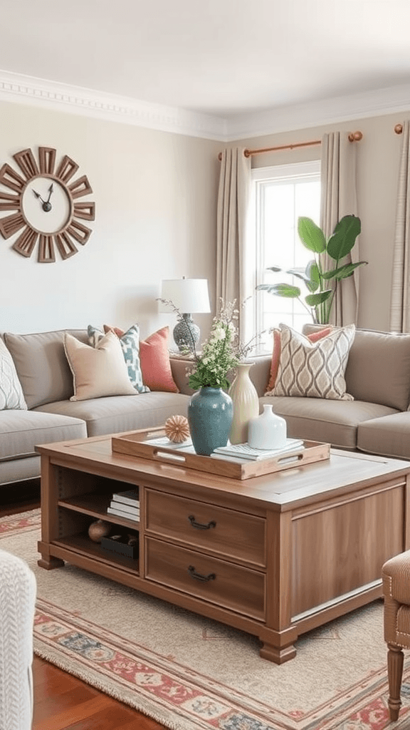 Cozy living room featuring a stylish coffee table with storage, plants, and a comfortable sofa.