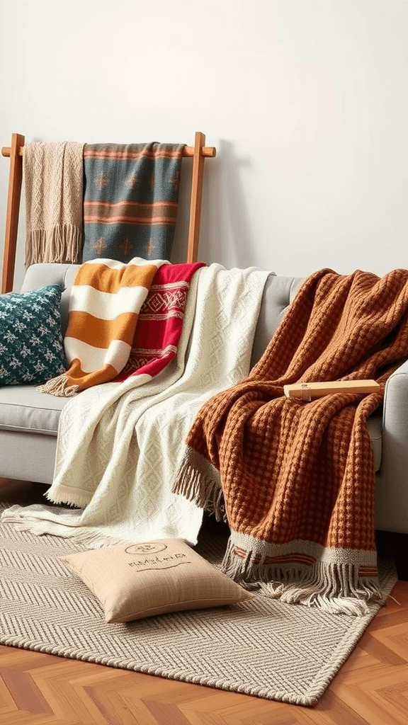 A cozy living room featuring various stylish throw blankets on a sofa and a rack.