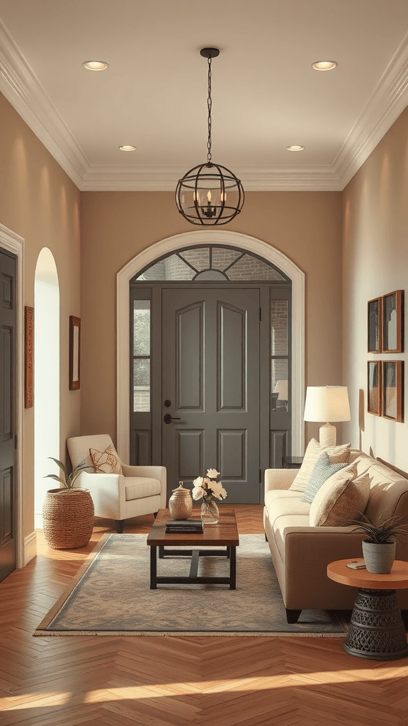 A cozy living room entryway with a comfortable chair, sofa, coffee table, and plants.