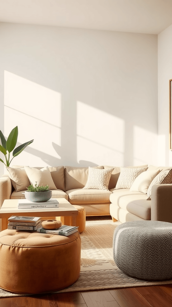 A cozy living room featuring stylish ottomans, a cream sectional sofa, and a wooden coffee table with books.