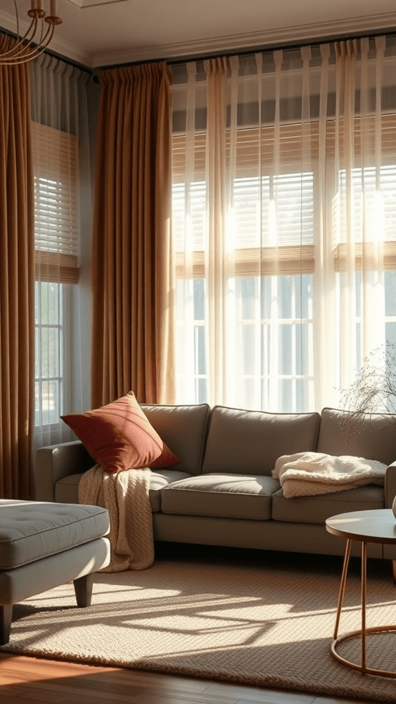 A cozy living room with soft window treatments and natural light.