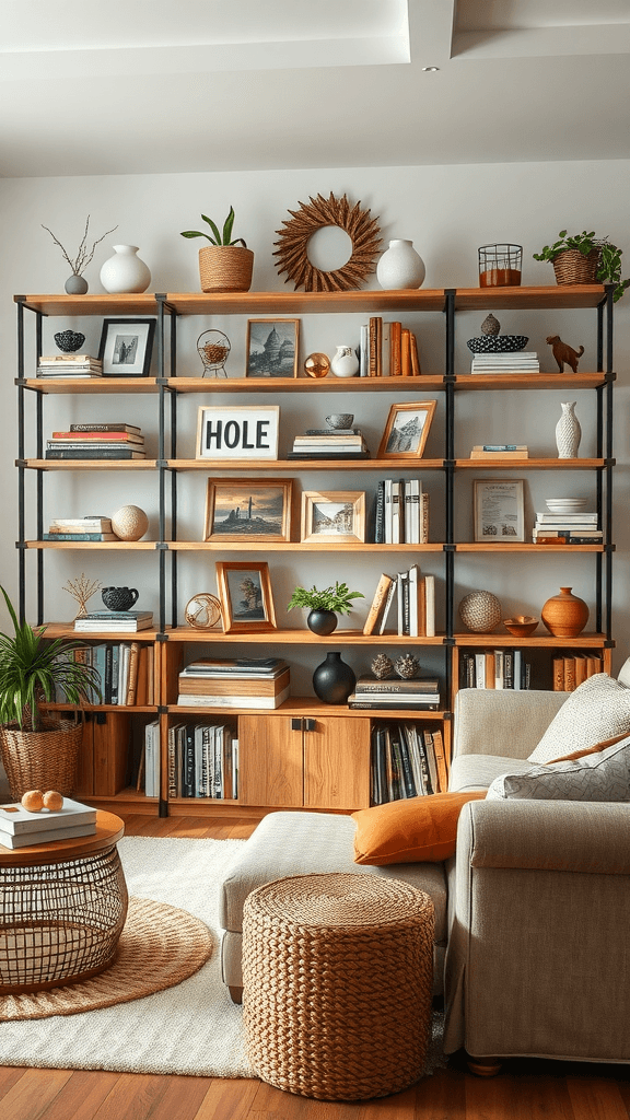 A cozy living room featuring a stylish shelving unit filled with books, plants, and decorative items.