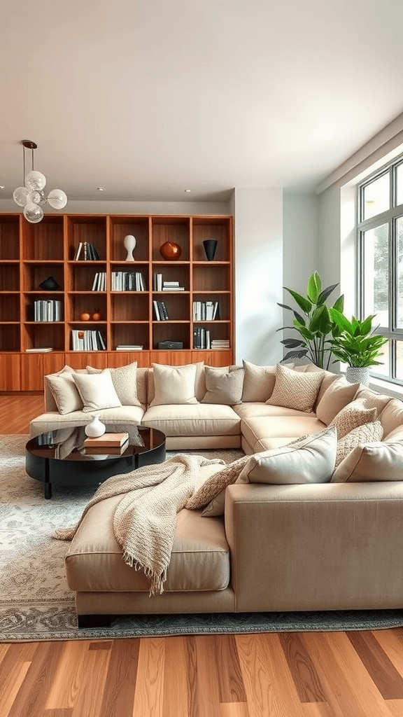 A cozy sectional sofa in a modern living room with wooden shelves and plants.