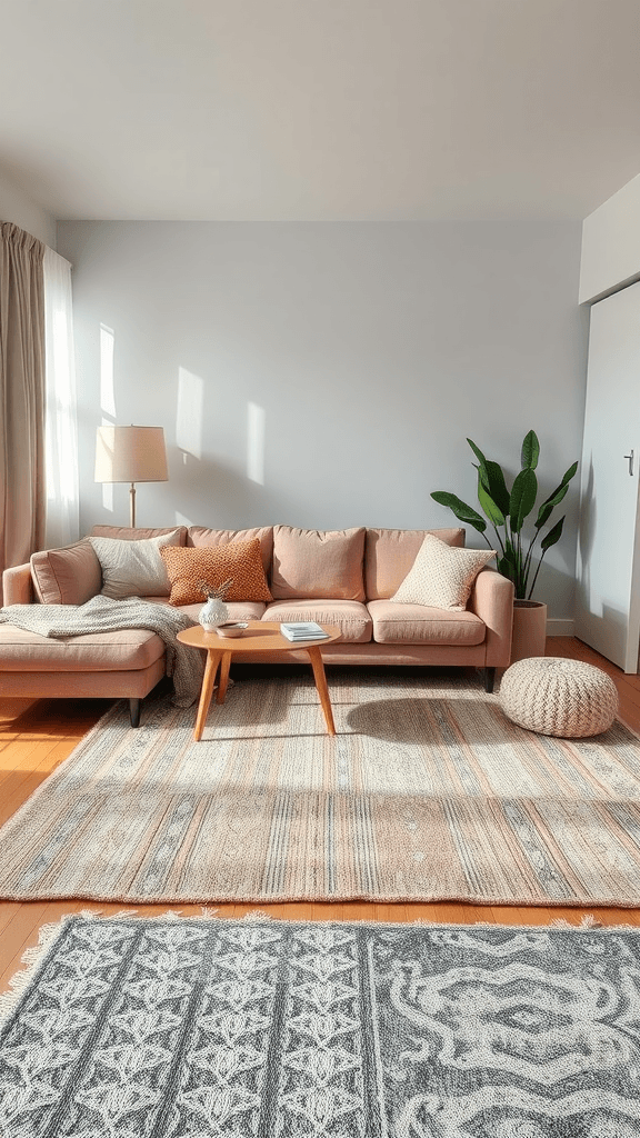 A cozy living room with layered rugs, a pink sofa, and a wooden coffee table.