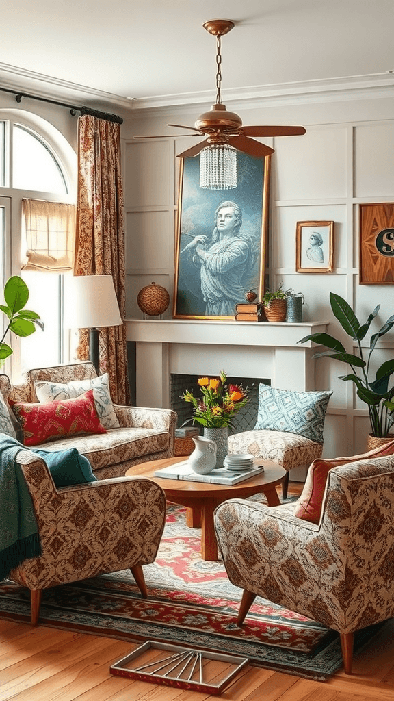 Cozy living room with mixed patterns and prints on furniture and decor.