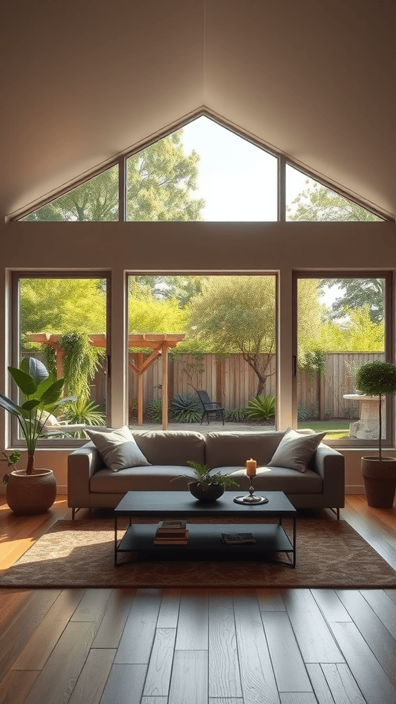 Cozy living room with large windows showing outdoor greenery.