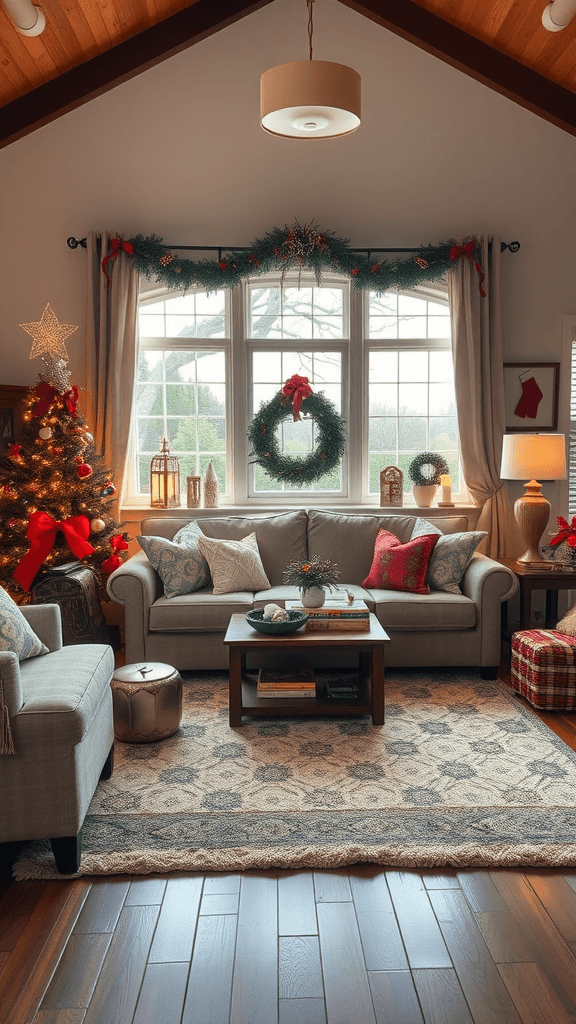 Cozy living room decorated for the holidays with a Christmas tree, wreath, and festive pillows.