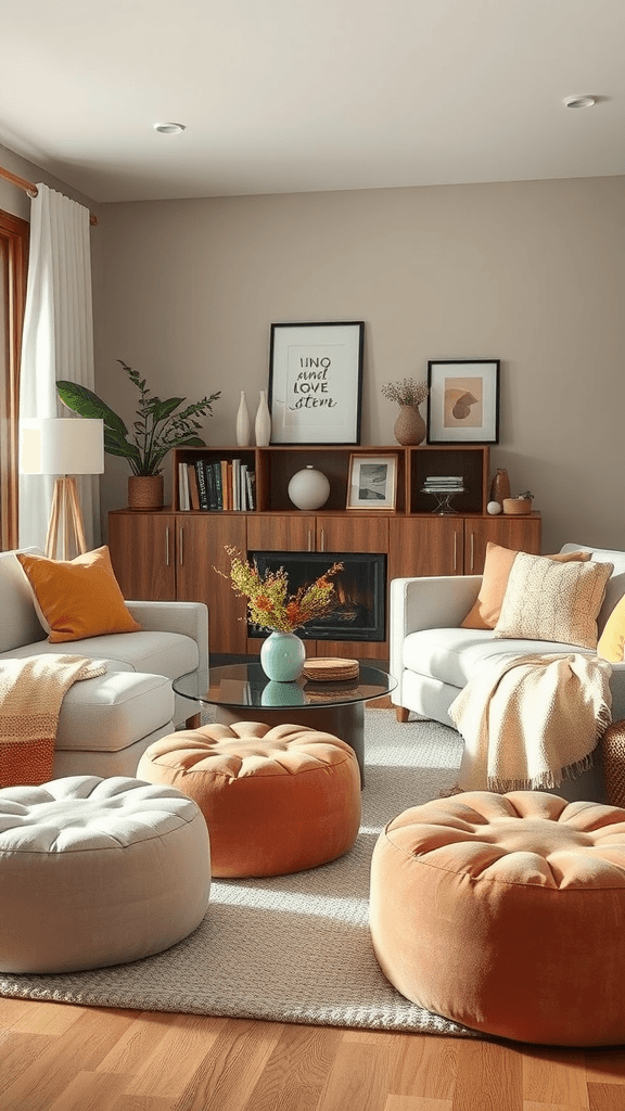 A cozy living room with poufs and footrests, featuring a warm color palette and inviting decor.