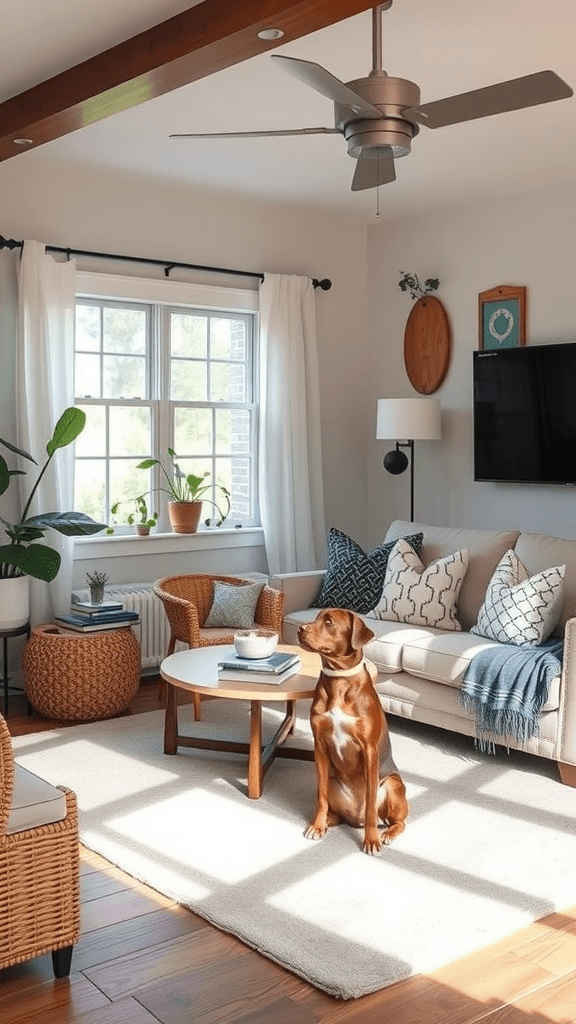 A cozy living room featuring a dog, stylish furniture, and pet-friendly decor.