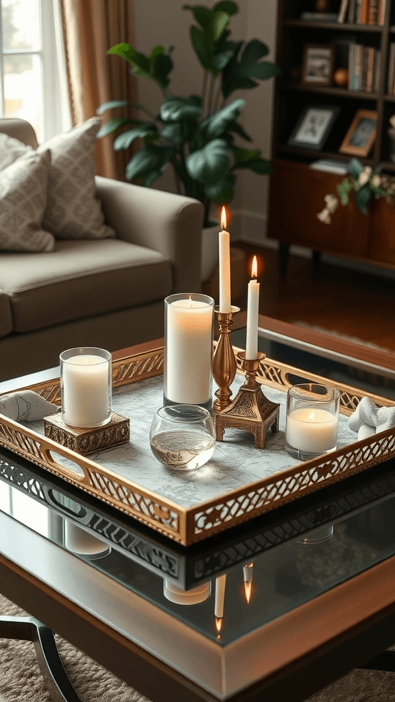 A decorative tray with candles and a small fishbowl placed on a coffee table in a cozy living room.