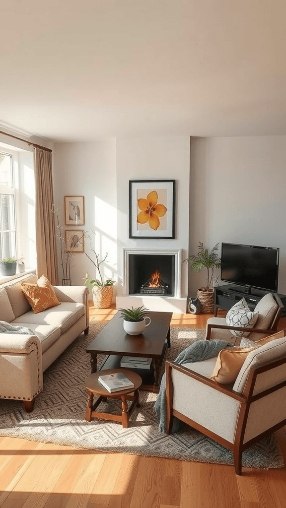 A cozy living room with a warm atmosphere, featuring comfortable seating, a coffee table, a fireplace, and decorative elements.