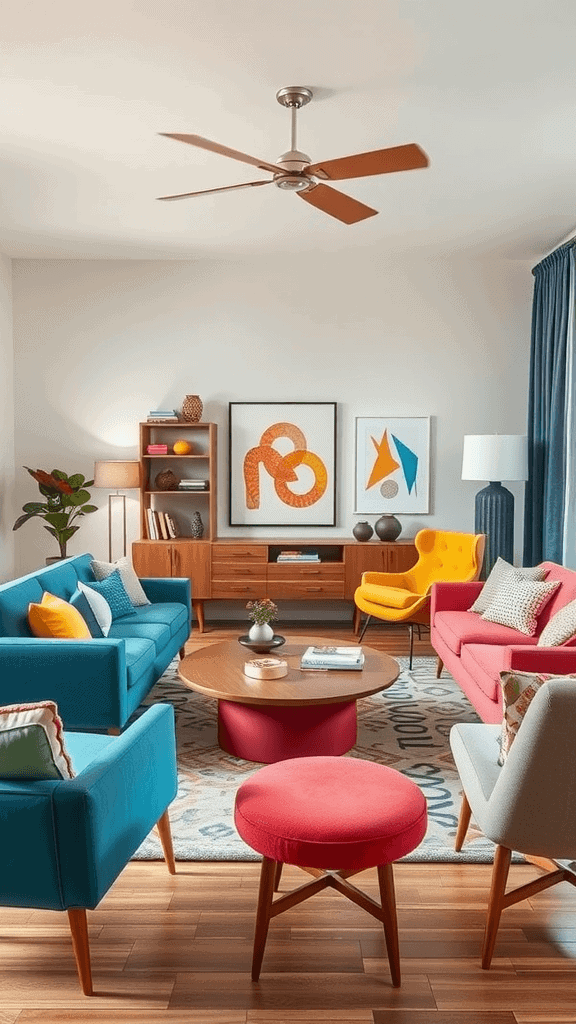 A mid-century modern living room featuring bright blue, pink, and yellow furniture with neutral accents.