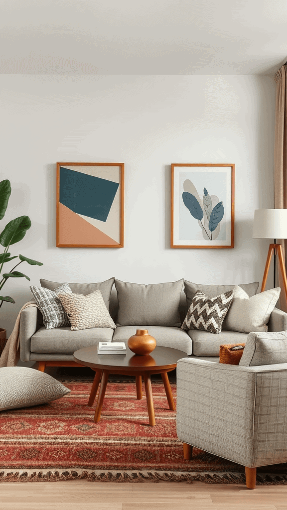 A stylish mid-century modern living room with a mix of textures and patterns, featuring a comfortable sofa, decorative pillows, a round coffee table, and a colorful rug.