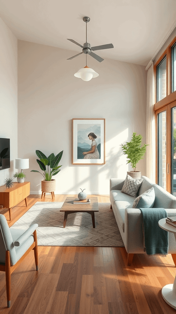 A stylish mid-century modern living room featuring a light color palette, wooden accents, and plants.