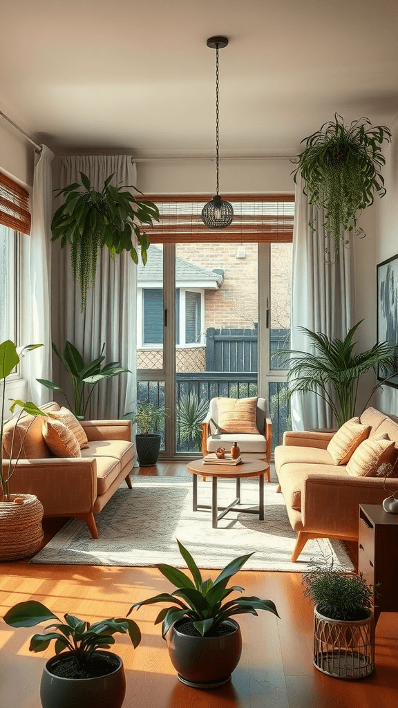 Mid-century modern living room decorated with indoor plants.