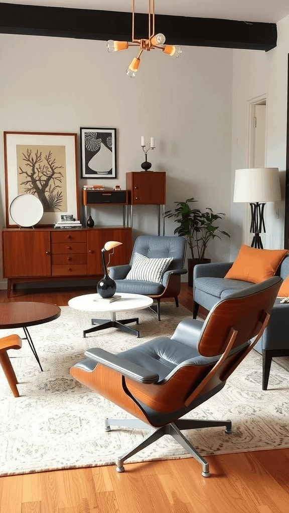 A stylish mid-century modern living room featuring an Eames chair and wooden furniture.