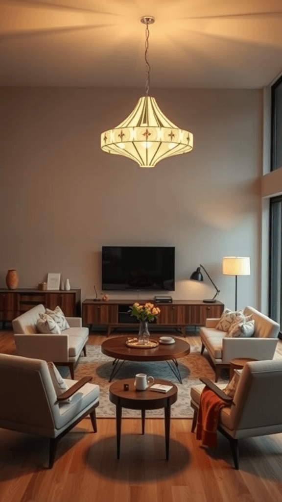 Mid-century modern living room with a striking chandelier, featuring stylish furniture and decor.