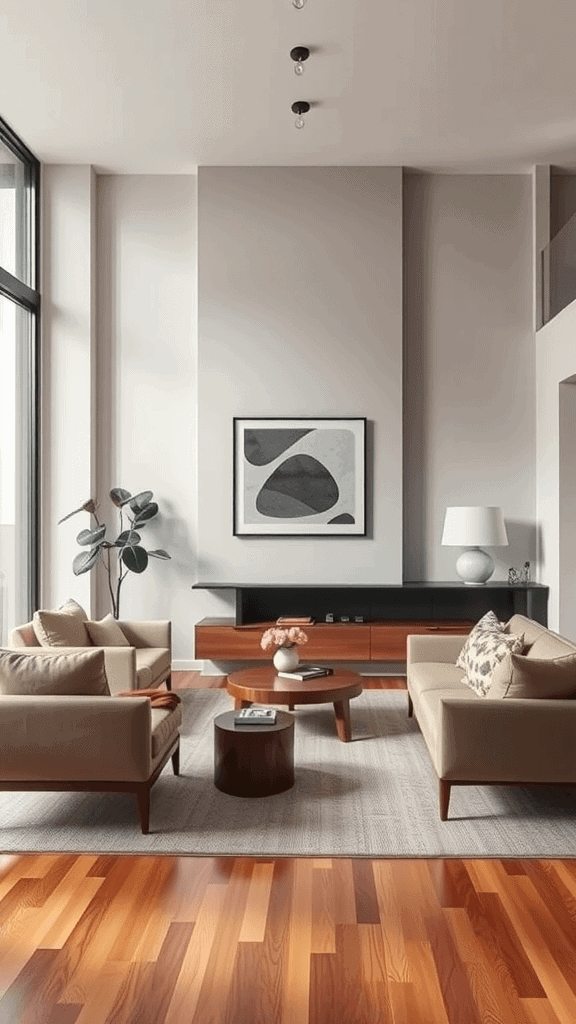 A modern living room featuring sleek furniture, large windows, and a minimalist design.