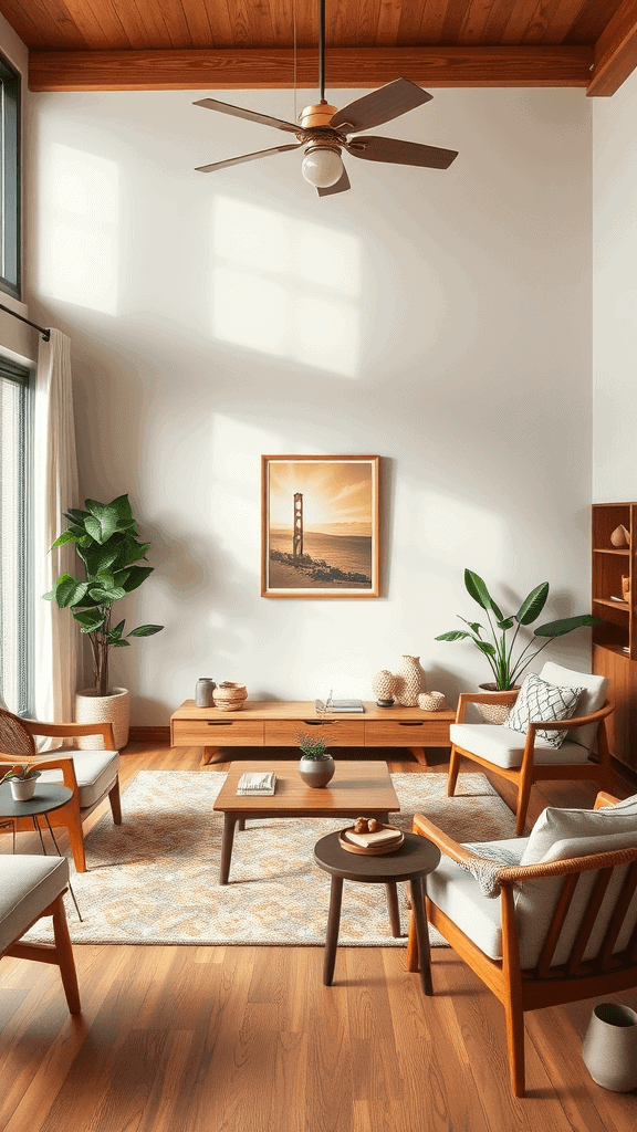 A mid-century modern living room featuring warm wood accents and cozy furnishings.