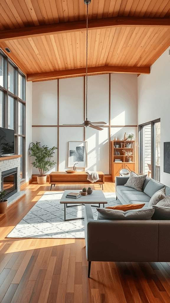 A mid-century modern living room with high ceilings, large windows, and a cozy arrangement of furniture.