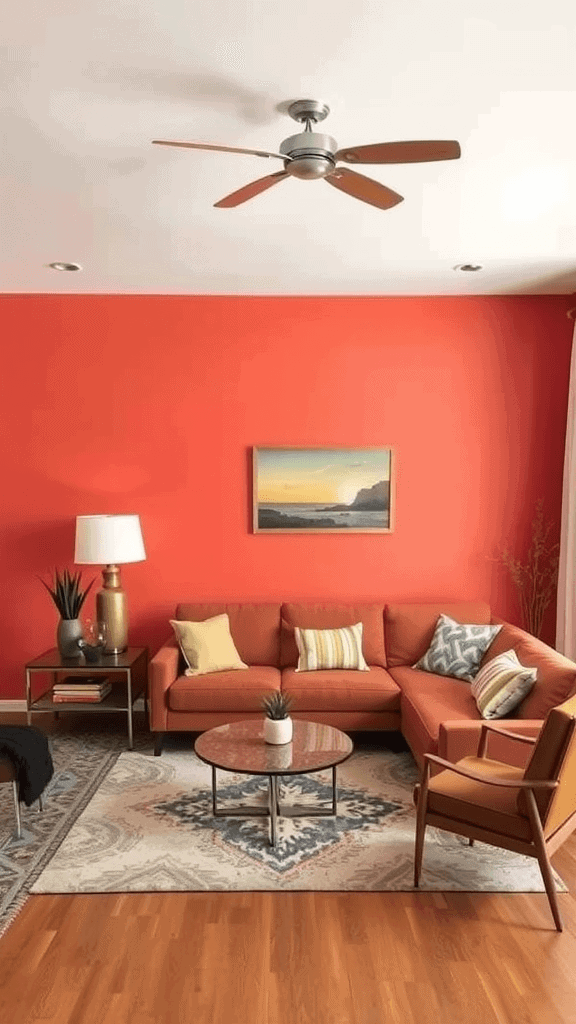 Mid-century modern living room with an orange accent wall and cozy furniture.