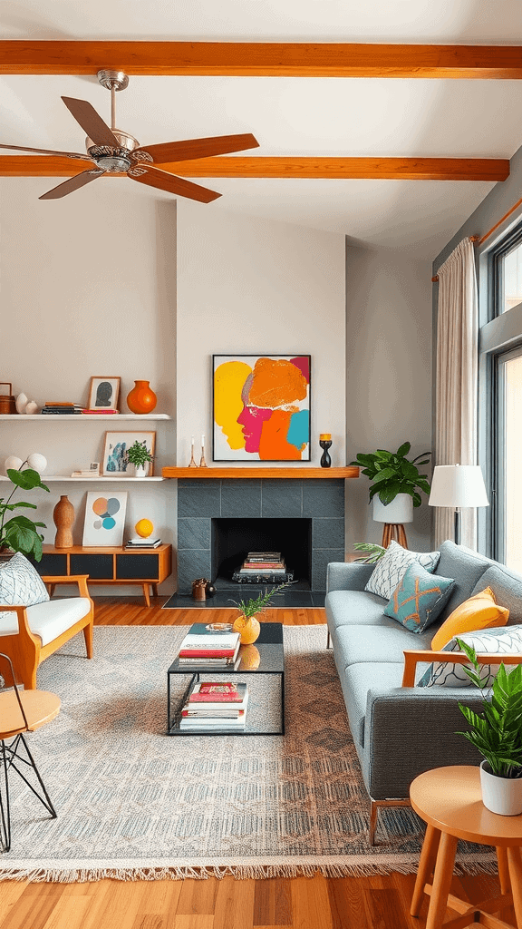 A mid-century modern living room featuring colorful accessories, a cozy couch, and bright decor.