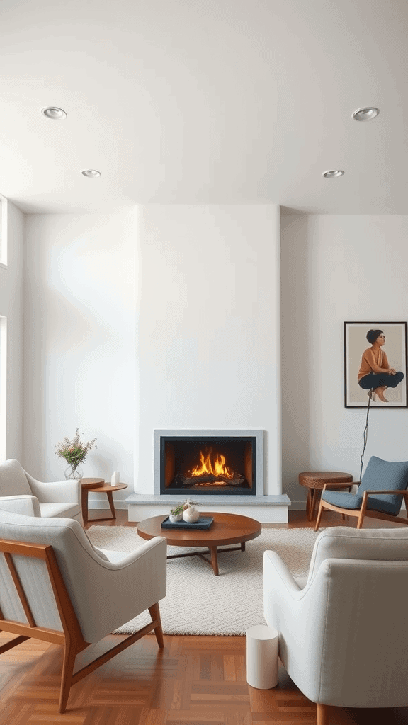 A stylish mid-century modern living room featuring a modern fireplace as a centerpiece.