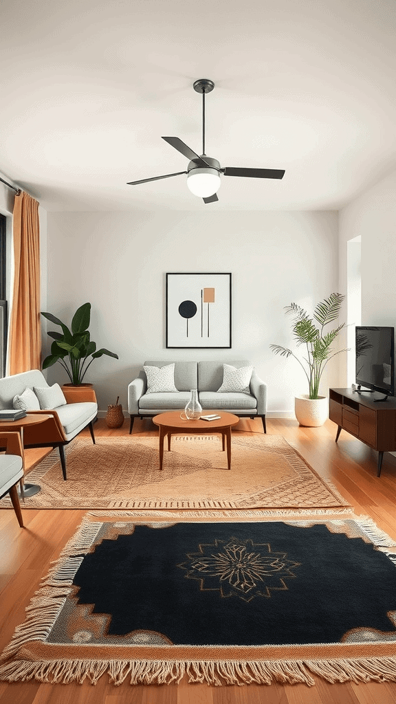 Stylish mid-century modern living room with layered rugs, plants, and contemporary furniture.