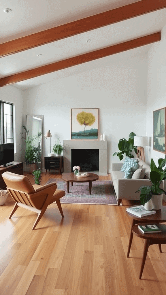 A mid-century modern living room featuring a mix of vintage and contemporary furniture, plants, and artwork.