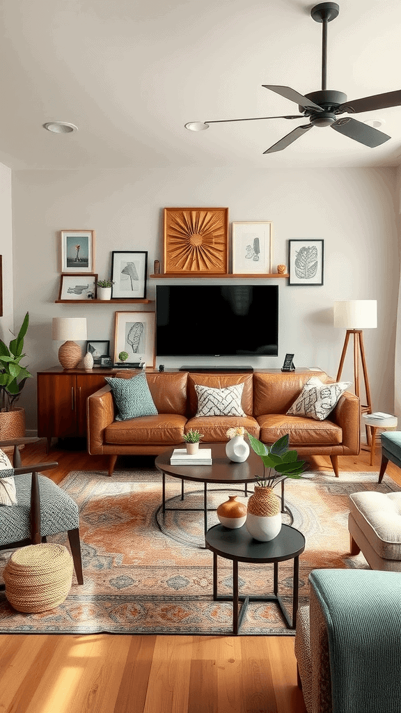 A stylish mid-century modern living room with a leather sofa, colorful accents, and personalized decor.