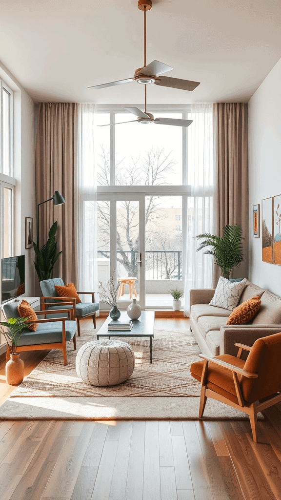 Mid-century modern living room with cozy seating and natural light.