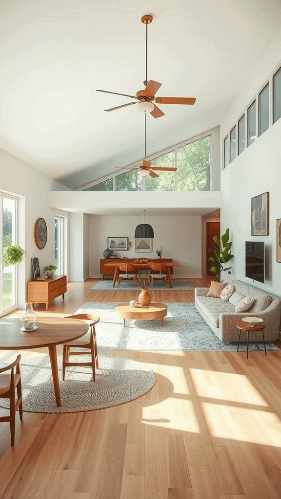 Mid-century modern living room with open plan layout, featuring wooden furniture and large windows