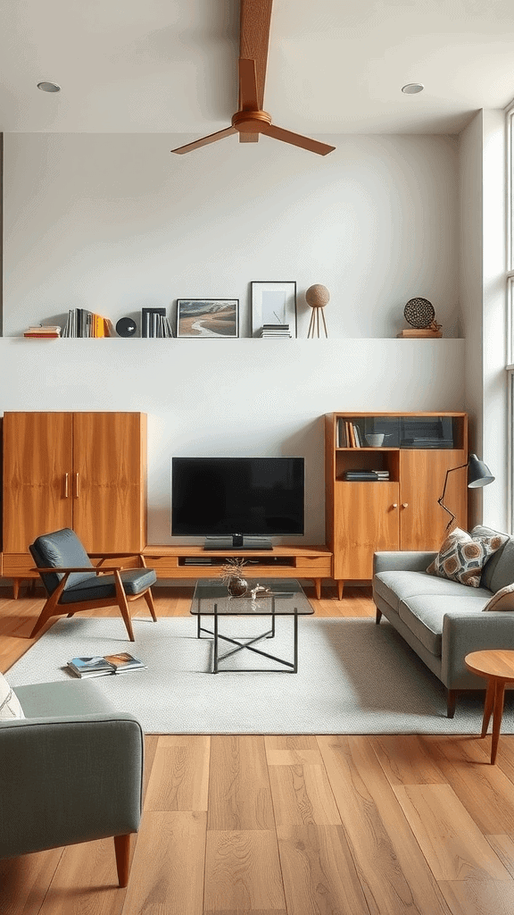 Mid-century modern living room with stylish storage solutions, including wooden cabinets and open shelving.
