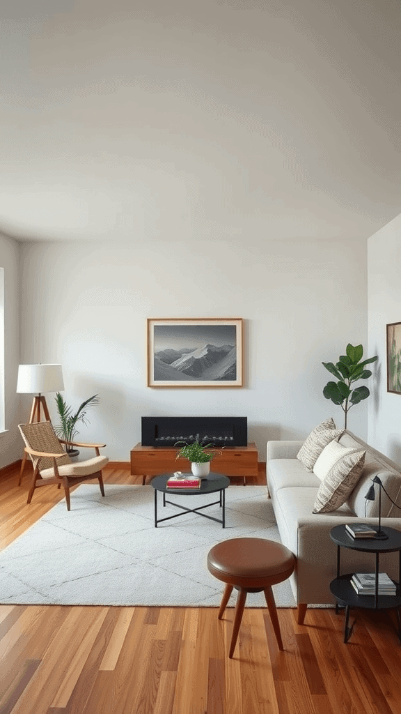 Mid-century modern living room featuring a light-colored sofa, wooden accents, and plants