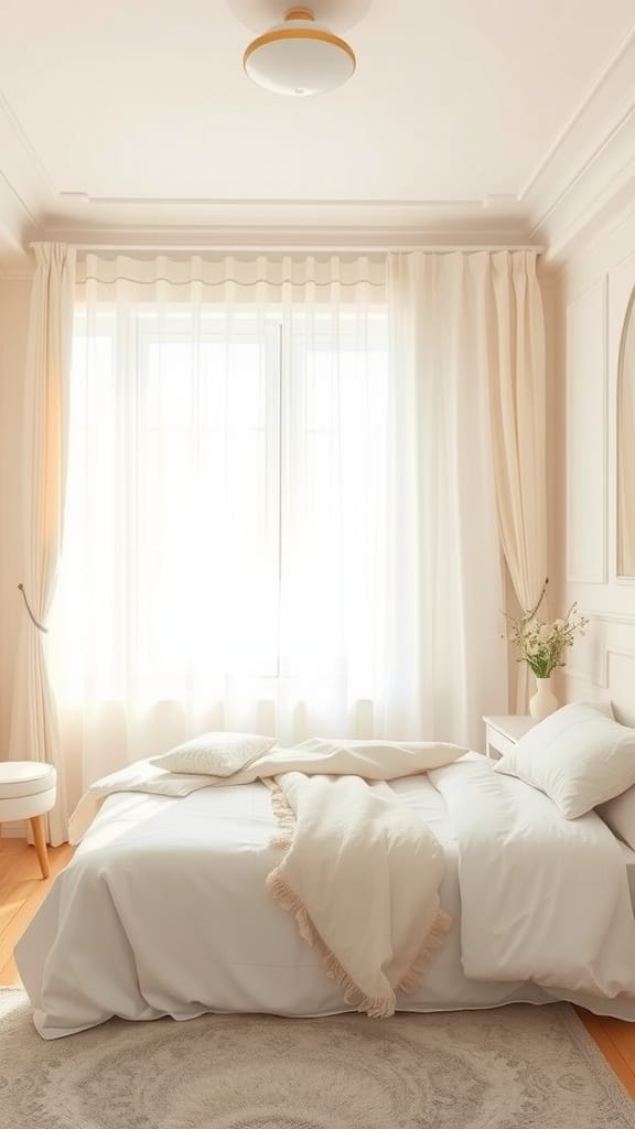 A soft pastel themed bedroom with light curtains and a cozy bed.