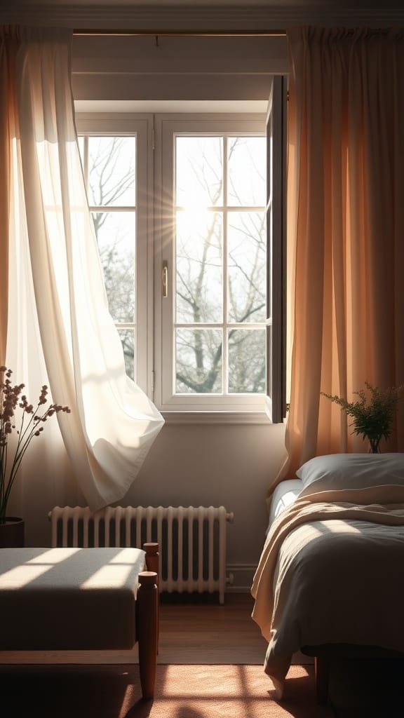 A sunlit bedroom with an open window and flowing curtains, creating a cozy and inviting atmosphere.