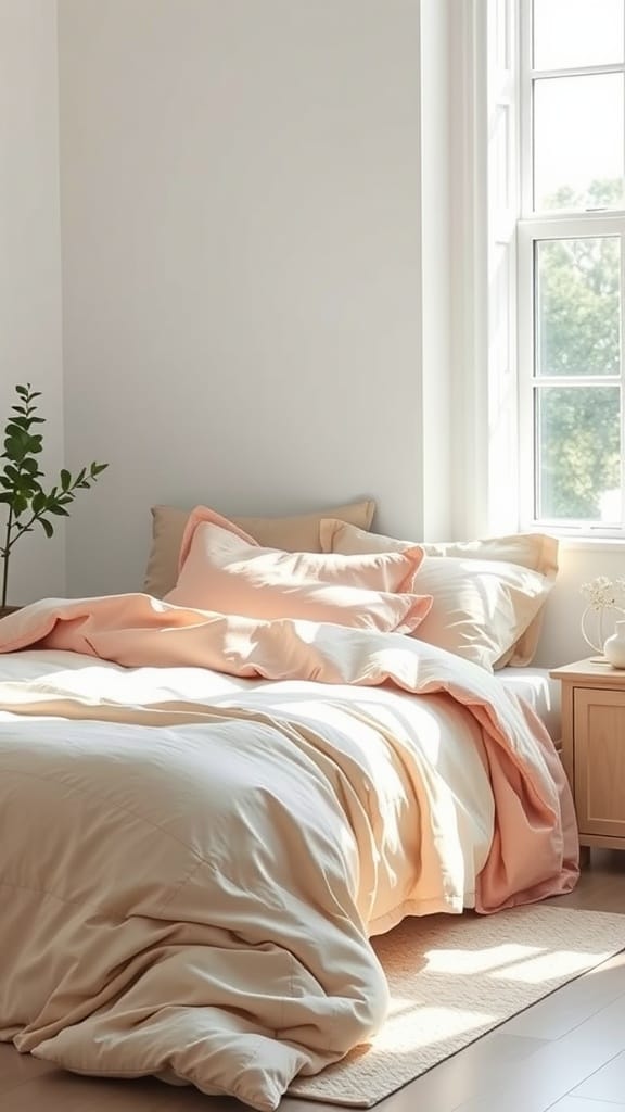 A cozy bedroom with lightweight bedding in soft pastel colors.