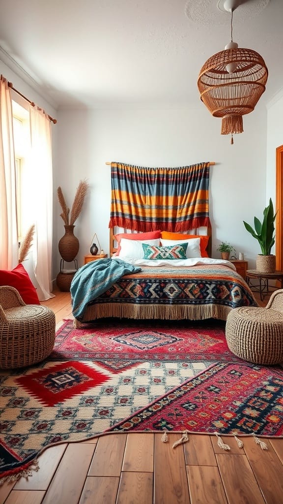 A cozy bohemian style bedroom featuring colorful textiles, a patterned rug, and natural elements.