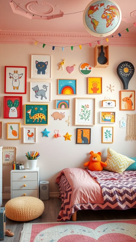 A colorful bedroom featuring playful wall art and a cozy bed.