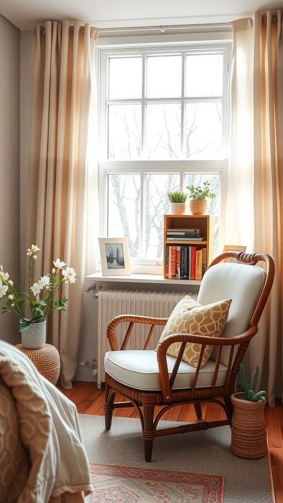A cozy reading nook with a chair, bookshelves, and plants by the window.