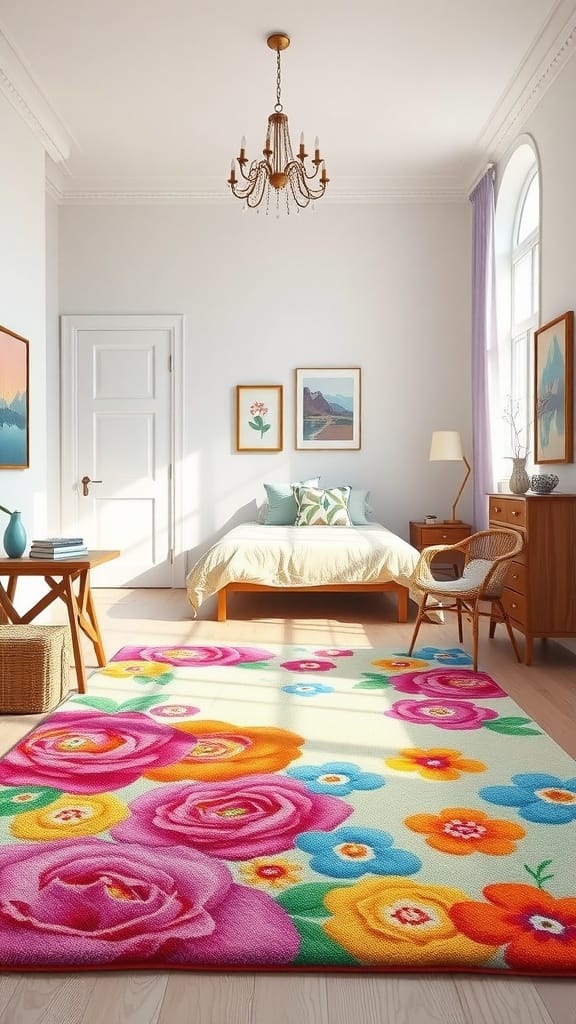Bright floral area rug in a spring-themed bedroom