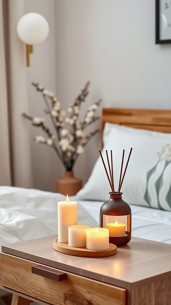 A cozy bedroom scene featuring scented candles and a stylish decor.