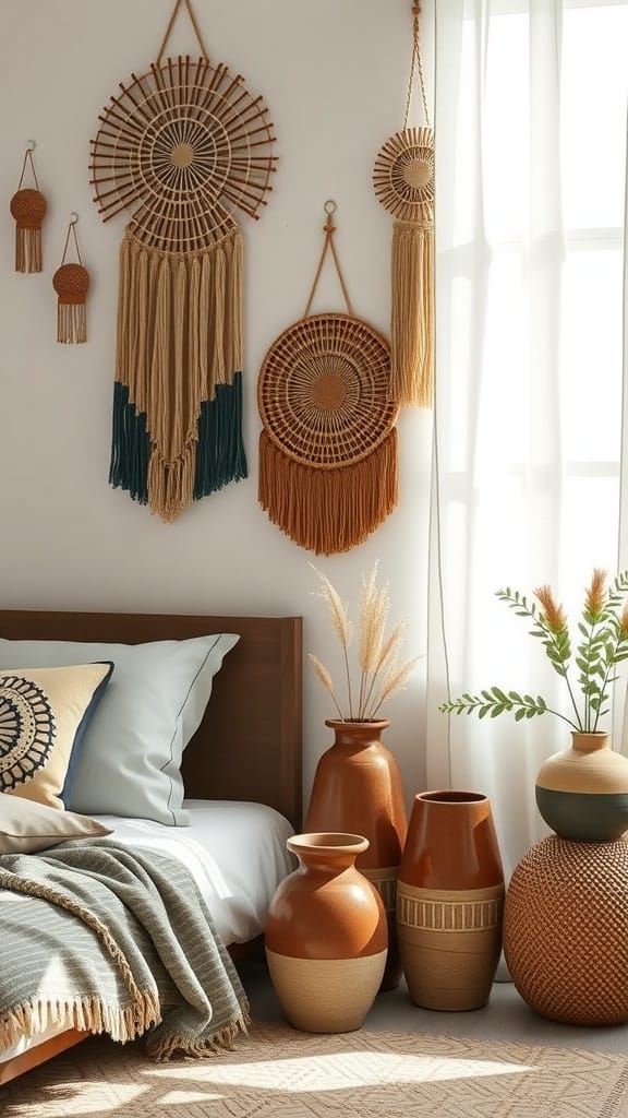 Artisanal handcrafted decor in a spring-themed bedroom featuring woven wall hangings and pottery.