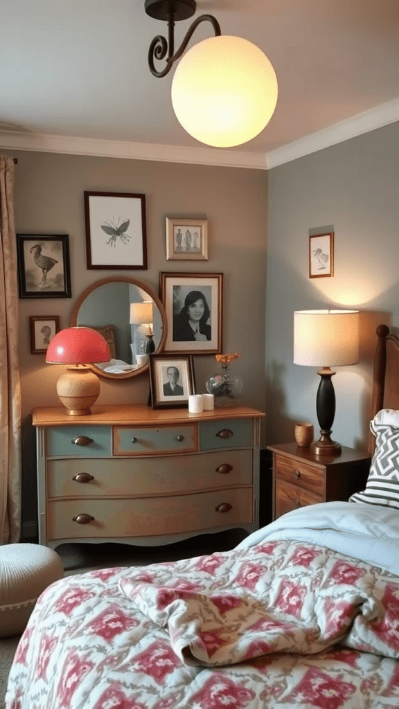 A vintage-inspired bedroom featuring wooden furniture, floral wallpaper, and vintage photographs.