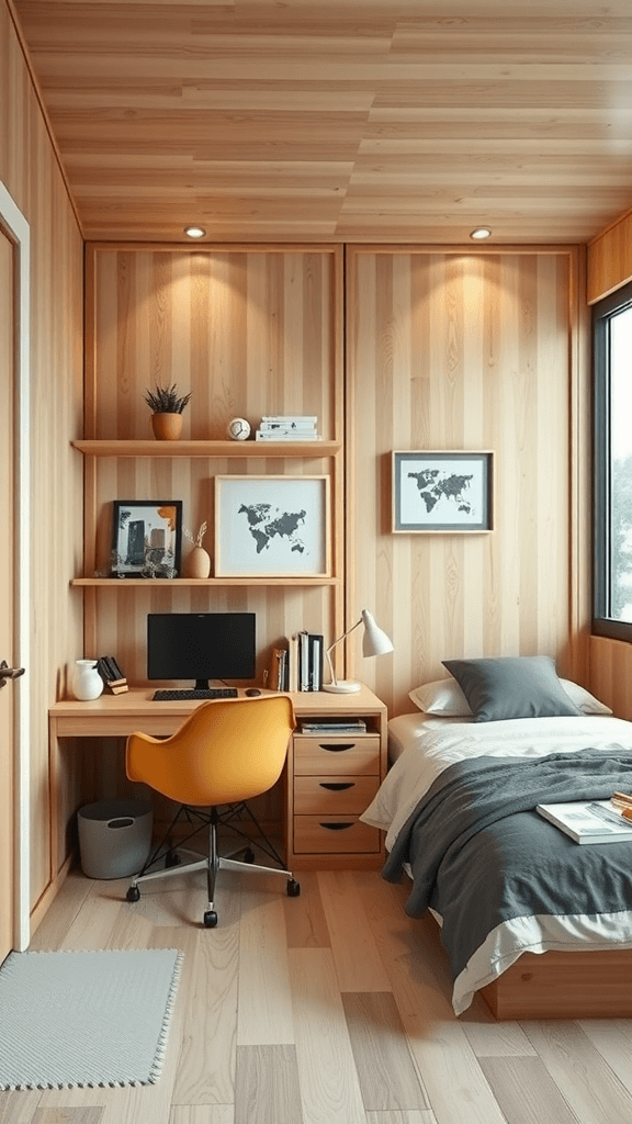 A cozy bedroom with a desk setup, featuring spring decor.