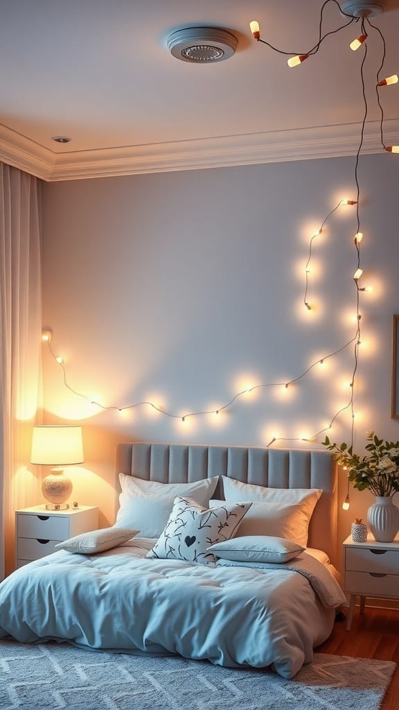 A cozy bedroom with soft blue bedding, a lamp, and string lights on the wall.