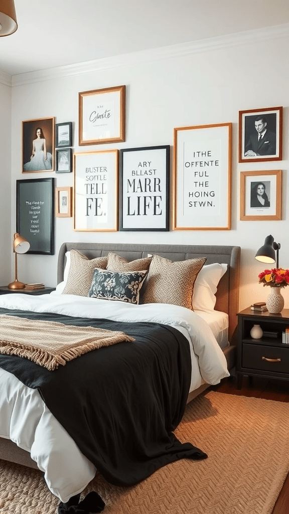 A cozy bedroom with a wall featuring inspirational quotes framed in wooden frames.