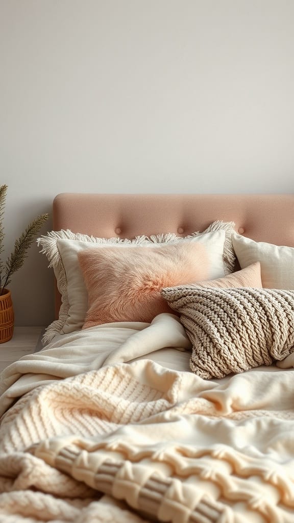 Cozy bed with soft pastel pillows and blankets.