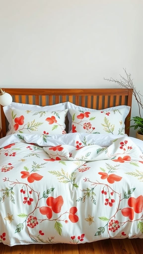 Bed with floral spring bedding and pillows