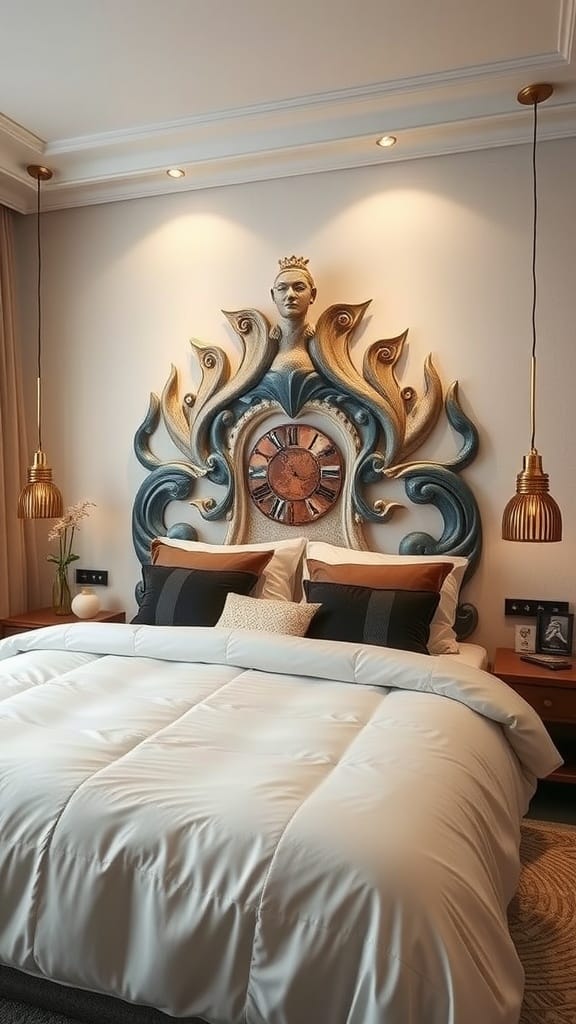 A beautifully designed headboard featuring a clock and an artistic figure, enhancing the spring bedroom decor.